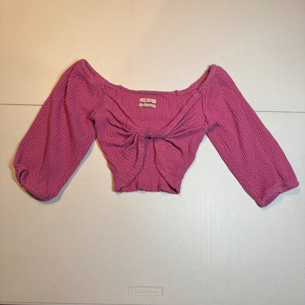 Urban Outfitters Pink Ribbed Knit‎ Off Shoulder Twist Front Coquette Crop Small